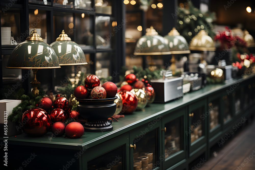 Modern store shop counter with festive christmas home decoration.