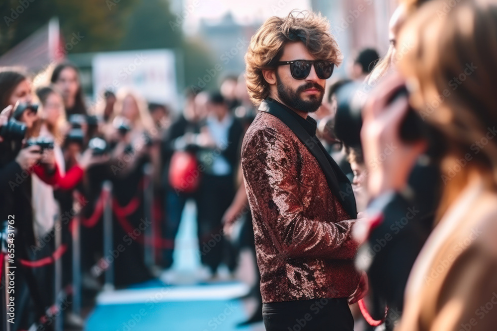 A male celebrity in a fashionable suit poses for photographers on the red carpet.