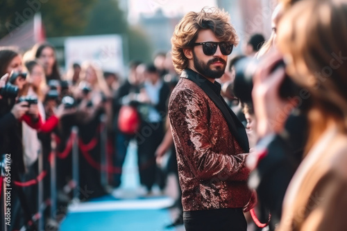 A male celebrity in a fashionable suit poses for photographers on the red carpet.