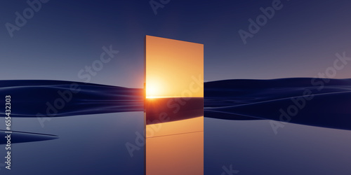 3d render. Abstract minimal background of fantastic sunset landscape, golden flat geometric mirror, hills and reflection in the water. Surreal aesthetic wallpaper