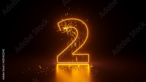 3d render, abstract sparkling linear number two, glowing digit 2 isolated on black background photo