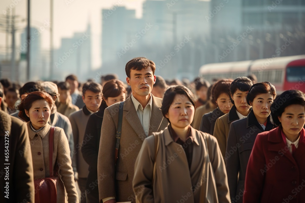 Crowd of Asian business commuters people walking street