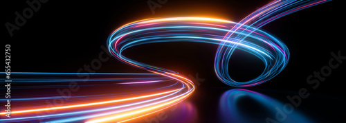 3d render. Abstract background of dynamic neon lines glowing in the dark, floor reflection © NeoLeo