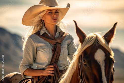 Beautiful cowgirl with her horse in the mountains at sunset. © Anna