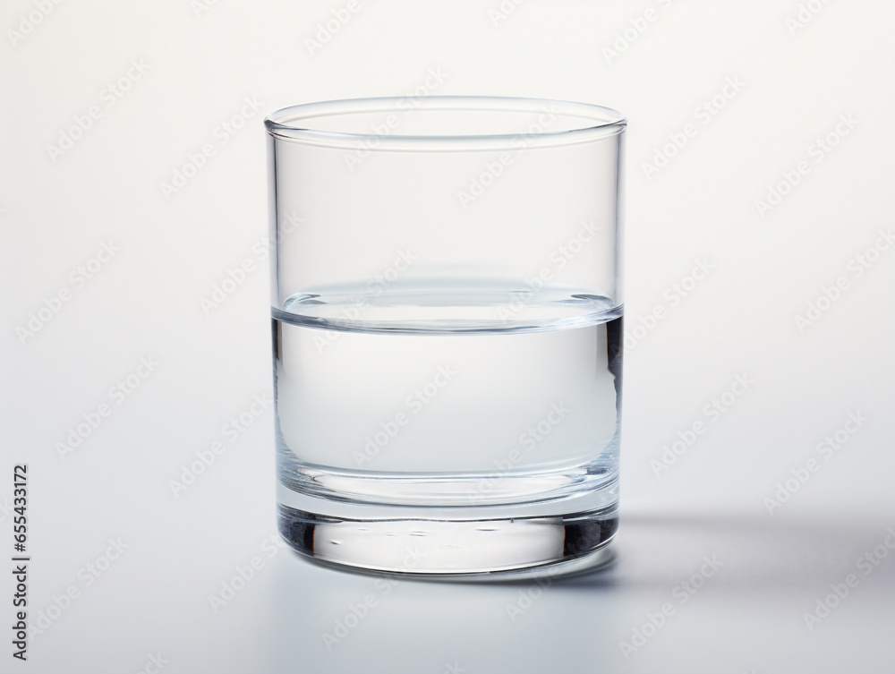 Transparent glass of water, white background, glass half full half empty concept Transparent glass of water, white background, glass half full half empty concept