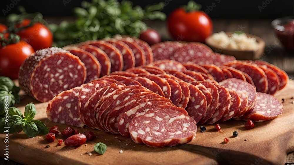 Salami slices arranged on a rustic wooden cutting board - obrazy, fototapety, plakaty 