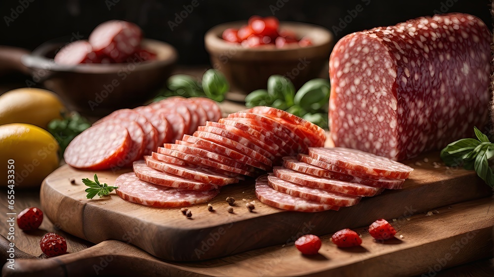 A savory assortment of sliced meats on a rustic wooden cutting board