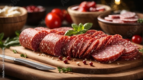 A delicious charcuterie platter with salami slices on a rustic wooden cutting board
