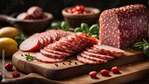 A savory assortment of sliced meats on a rustic wooden cutting board