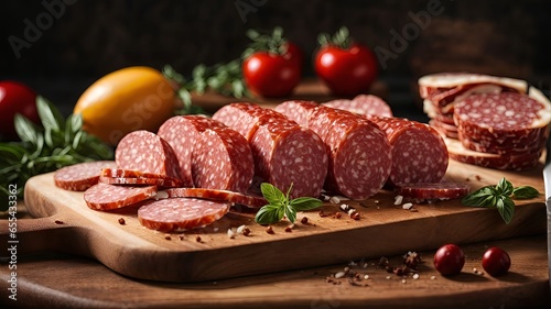 Sliced salami on a wooden cutting board photo