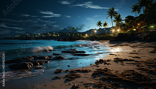 Tranquil scene  sunset paints palm tree silhouette on waters edge generated by AI