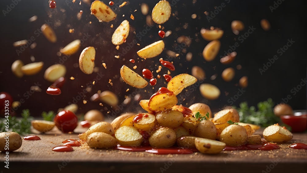 Naklejka premium Potato chips with ketchup on a plate