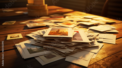 A stack of old-fashioned postcards on a wooden desk photo