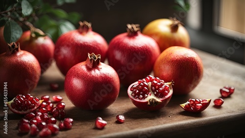 Ripe pomegranates on a wooden table