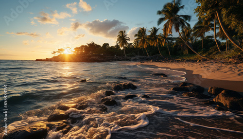 Sunset over the tranquil Caribbean coastline, palm trees sway in relaxation generated by AI