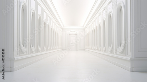 A stark white hallway with a long line of identical doors on either side 