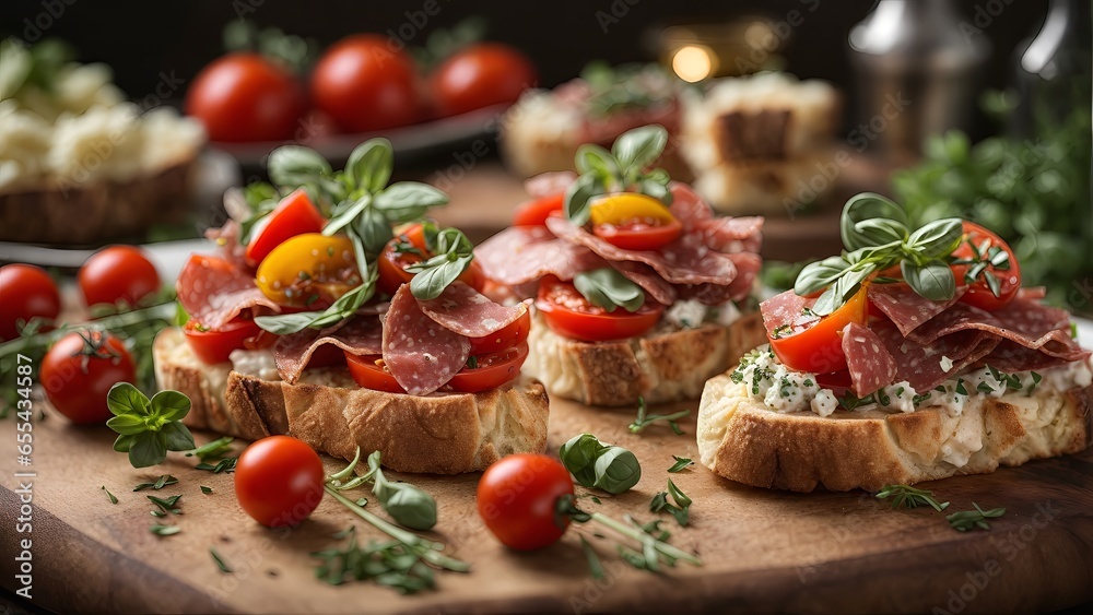 A delicious spread of food on a rustic wooden cutting board A delicious spread of food on a rustic wooden cutting board