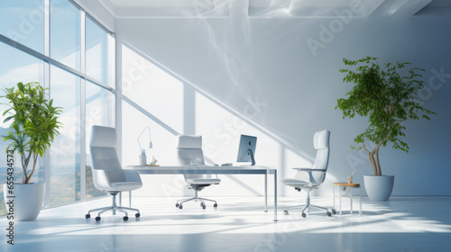 A stark white office with a large desk a chair and a floor-to-ceiling window
