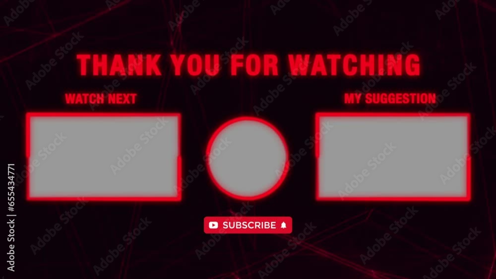 template outro end screen video for youtube channel. Subscibe, like, share, comment video animation on red neon light background