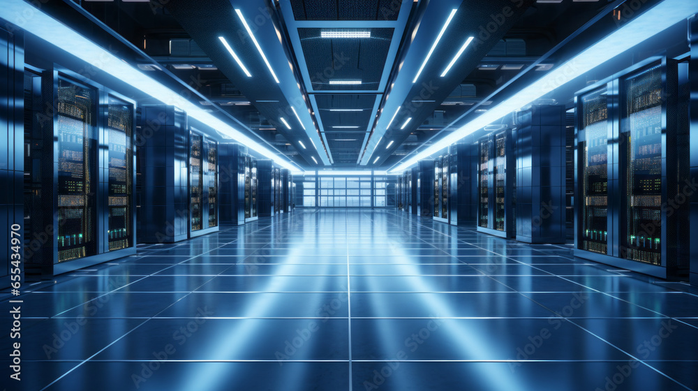 A state-of-the-art data center with rows of servers and cooling infrastructure