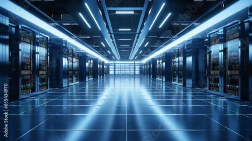 A state-of-the-art data center with rows of servers and cooling infrastructure