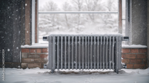 Radiator heating during the winter while it snows. Cold and freezing temperatures. Heating cost increase.