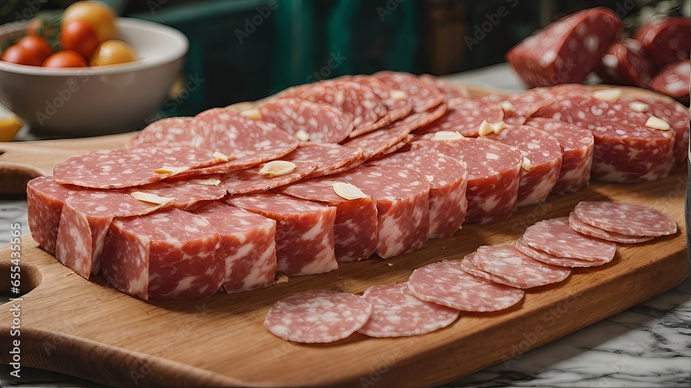 A delicious assortment of salami slices on a rustic wooden cutting board
