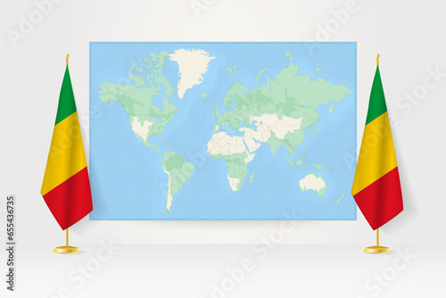 World Map between two hanging flags of Mali flag stand.