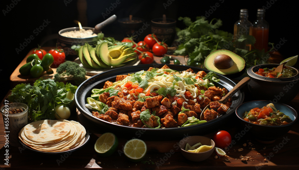 Freshness on a plate  grilled meat, healthy salad, gourmet guacamole generated by AI