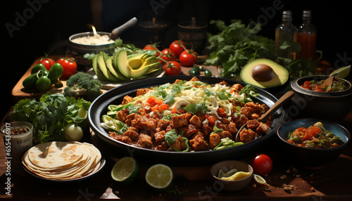 Freshness on a plate grilled meat, healthy salad, gourmet guacamole generated by AI