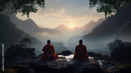 Monks meditating mist buddhist royalty stock photos AI generated art © Bijali