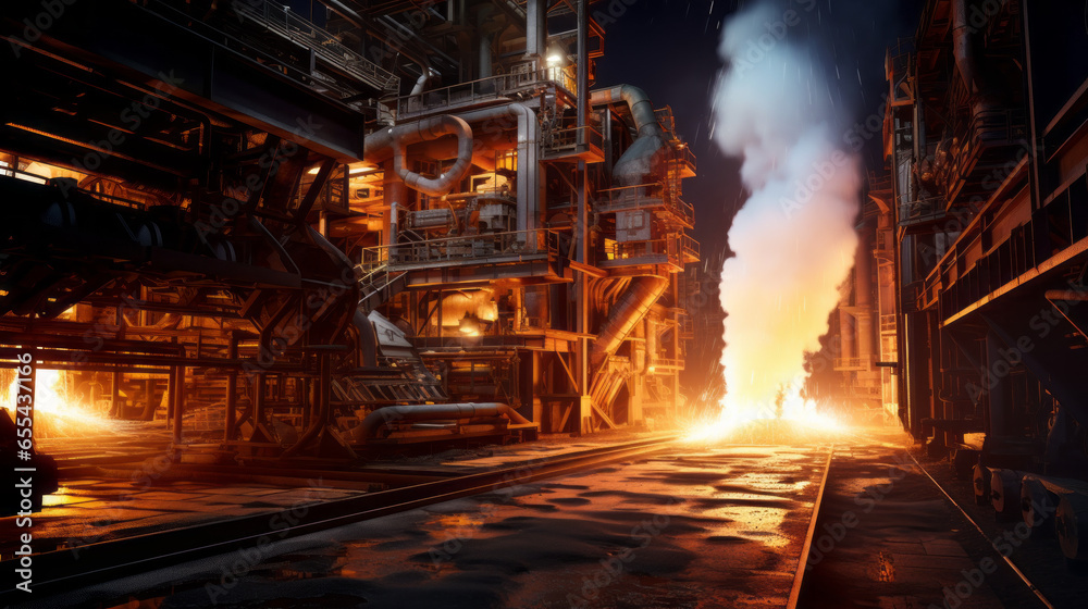 A steel mill with a blast furnace glowing white-hot - obrazy, fototapety, plakaty 