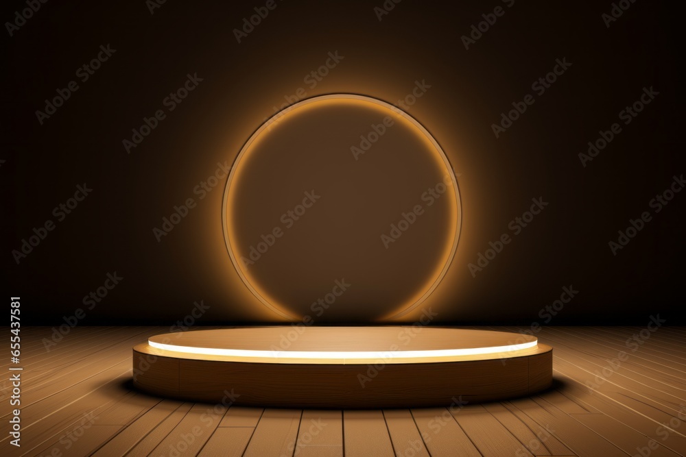 Gold Elegance: Round Wooden Background with Overhead Lights Gold Elegance: Round Wooden Background with Overhead Lights