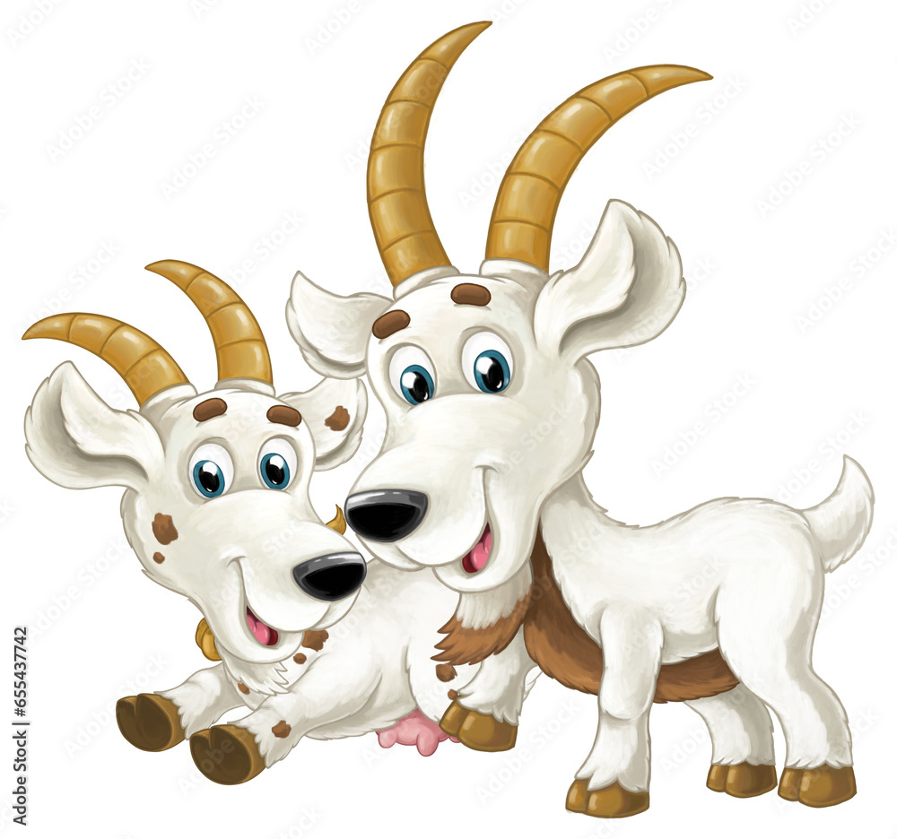 Cartoon scene with happy cheerful pair of goats having some fun illustration for children