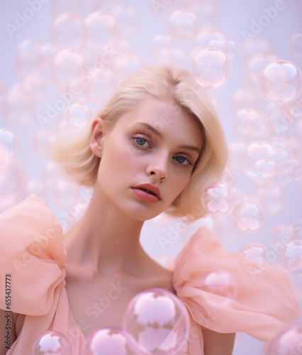 Beautiful young woman surrounded by soap bubbles.
