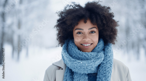 Beautiful african american woman smiling and looking at camera in winter park