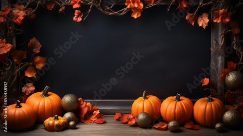 Halloween pumpkins  autumn leaves with branches with holiday balls on a chalkboard background with copy space