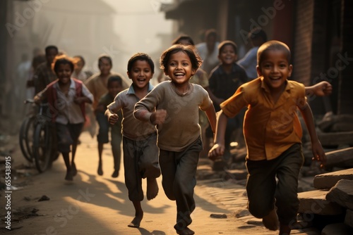School children happily running towards camera