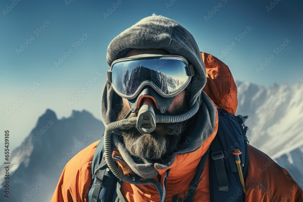 Mountain climber with full safety and oxygen gear on surrounded by the