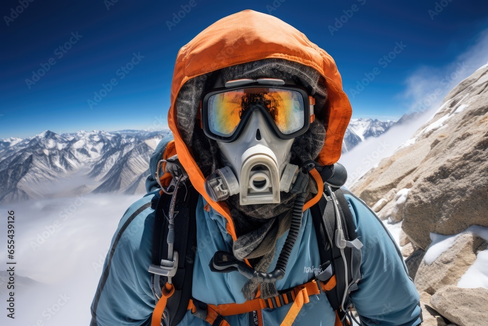Mountain climber with full safety and oxygen gear on surrounded by the