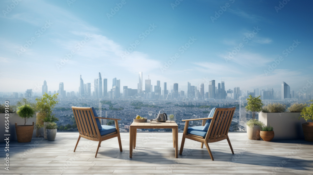 A terrace overlooks a city skyline with a large glass window and a few wooden chairs