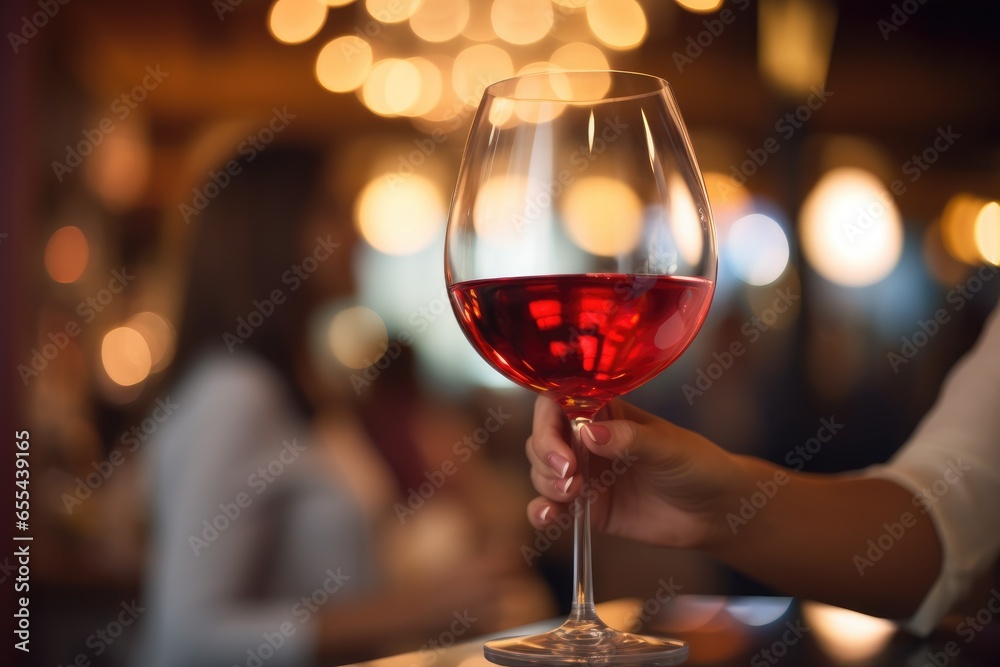 Woman's hand holding wine glass in restaurant/bar environment