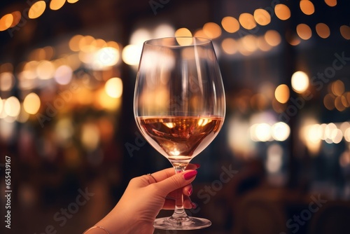 Woman's hand holding wine glass in restaurant/bar environment