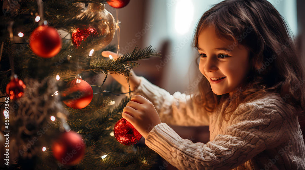 Mädchen dekoriert einen Weihnachtsbaum mit roten Kugeln - obrazy, fototapety, plakaty 