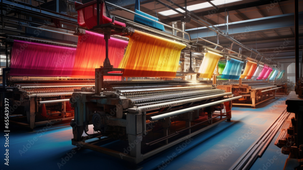 A textile dyeing and printing facility, applying vibrant colors to fabric rolls - obrazy, fototapety, plakaty 