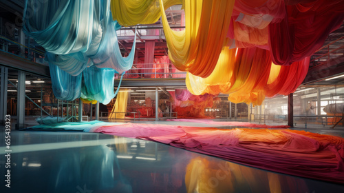 A textile dyeing factory, with colorful fabrics being immersed in vibrant dyes photo