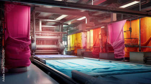 A textile dyeing factory, with colorful fabrics being immersed in vibrant dyes photo