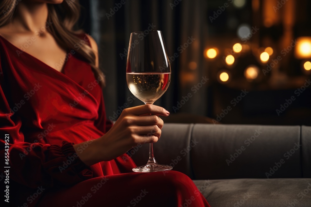 Woman's hand holding a wine glass in her own lounge - obrazy, fototapety, plakaty 
