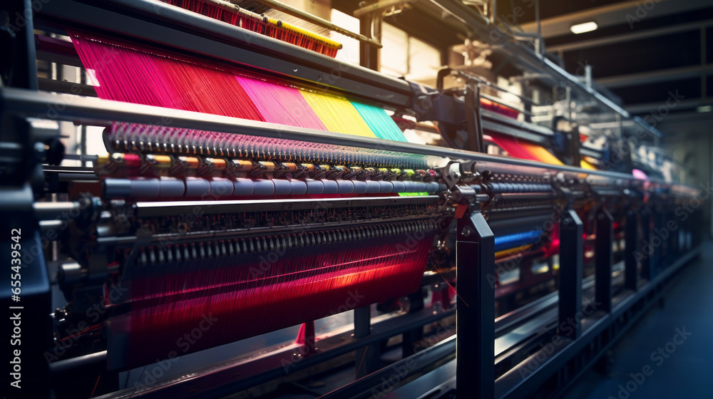 A textile manufacturing plant, weaving colorful fabrics on large looms