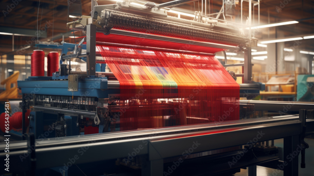 Obraz premium A textile manufacturing plant, weaving colorful fabrics on large looms